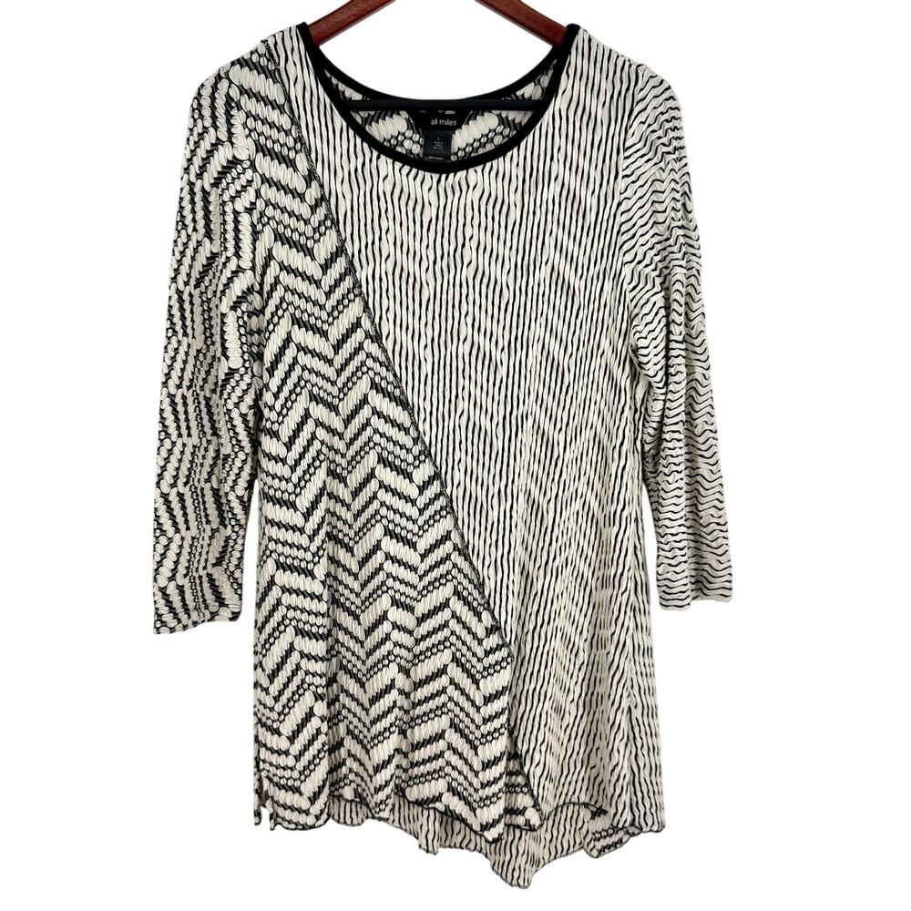 Ali Miles Sz Large Black Cream Stretchy Wearable Art Blouse Shirt Top Unique